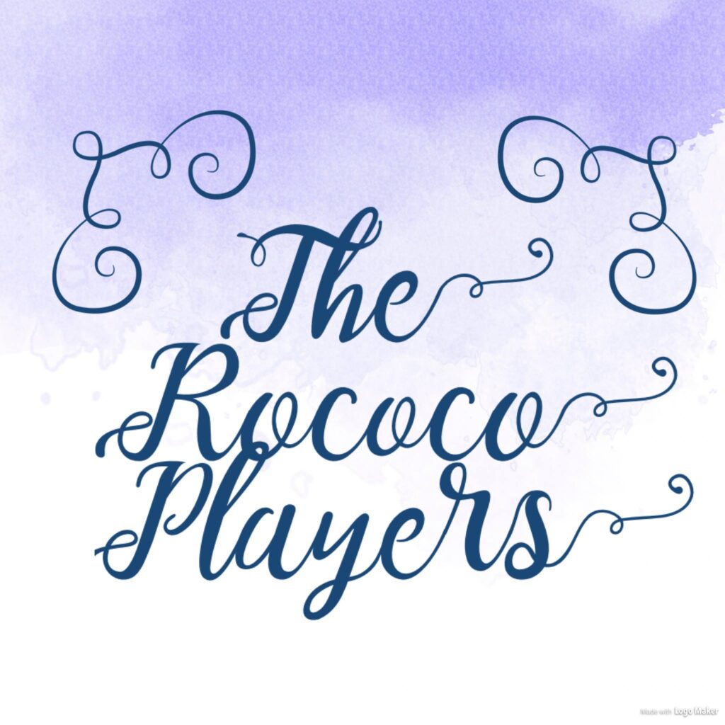 The Rococo Players logo - swirly purple writing on a watercolour white and pale purple background